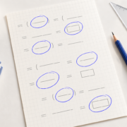 A maths practice sheet with seven indigo review circles beside geometry tools.
