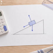 An inclined-plane mechanics sketch beside a calculator, ruler, spring and weights.